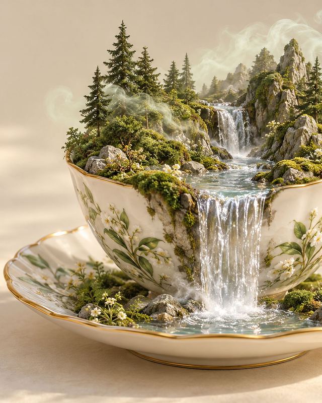 A miniature forest and waterfall growing out of a porcelain teacup
