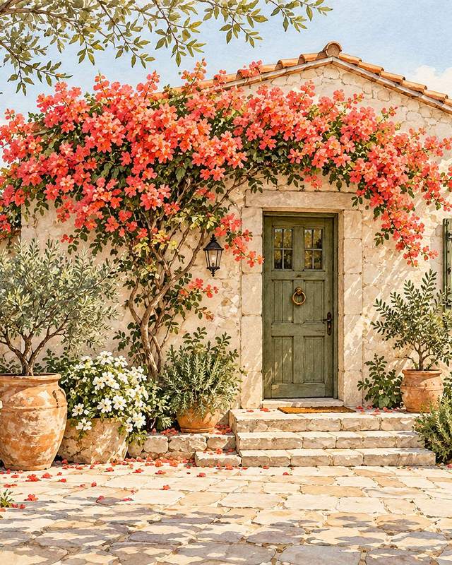 A stone house with a green door under pink bougainvillea in warm evening light