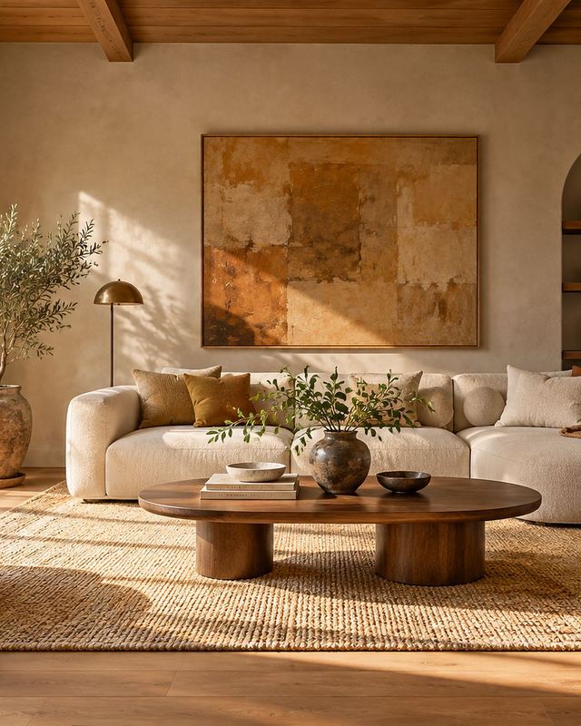 A warm living room with a cream sofa, a low wooden table and a large ochre painting