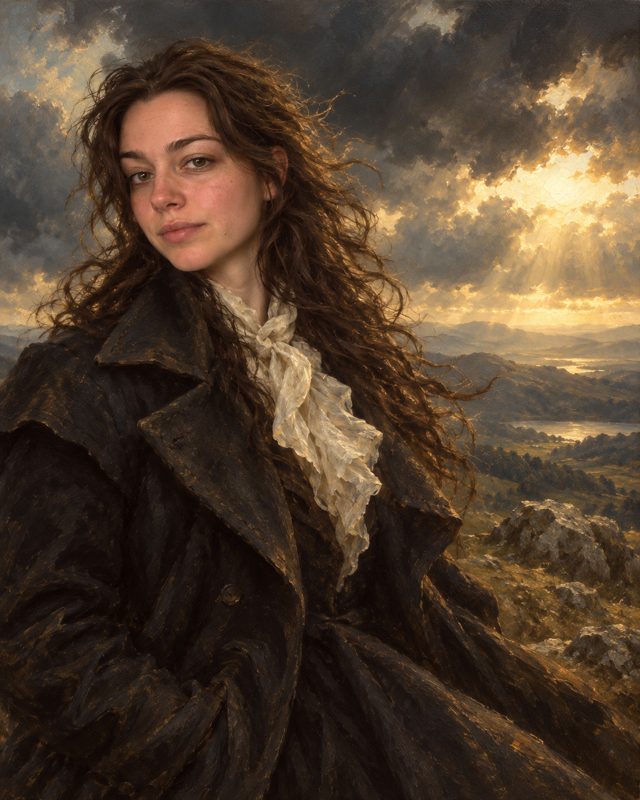 A woman in a dark greatcoat above a valley under storm clouds, painted in the Romantic style