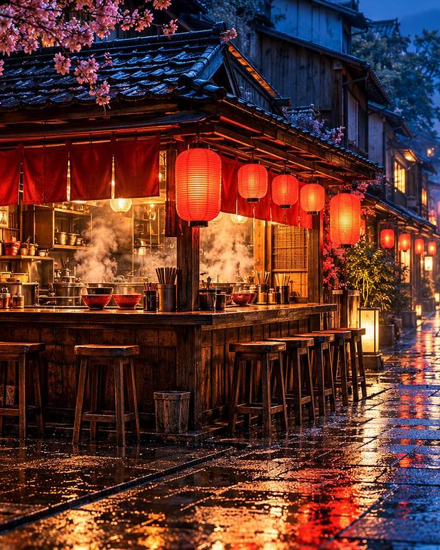 A lantern-lit street food stall at night, its red glow reflected on wet paving