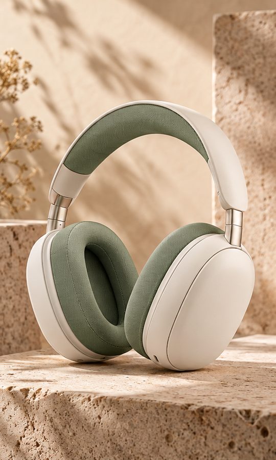 Cream headphones with green cushions on a sandstone block in warm, late sunlight