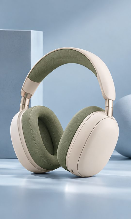 The same headphones on a pale blue floor in a soft blue studio