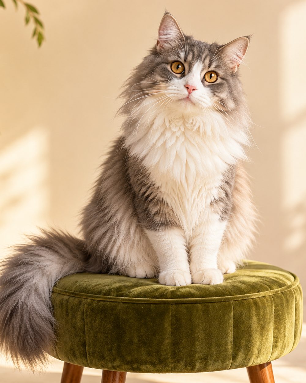 A fluffy gray-and-white cat on a green velvet stool in warm window light