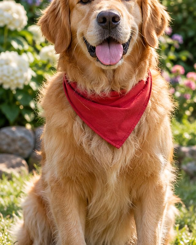 A golden retriever in a red bandana sitting in a garden