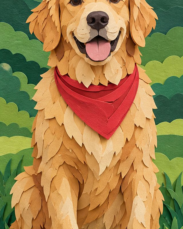 The same dog cut from layered paper, with green paper hills behind