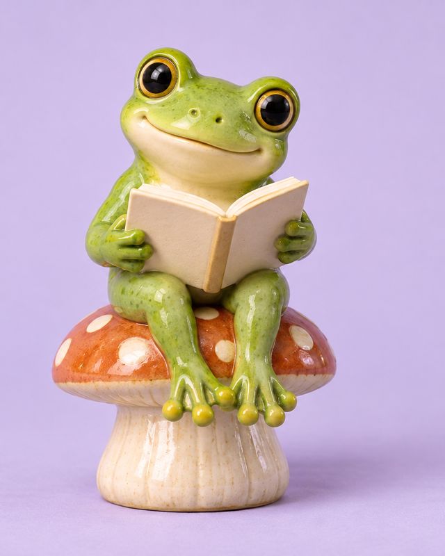 Example of the Clay miniature look: a clay frog reading a book on a red-spotted toadstool