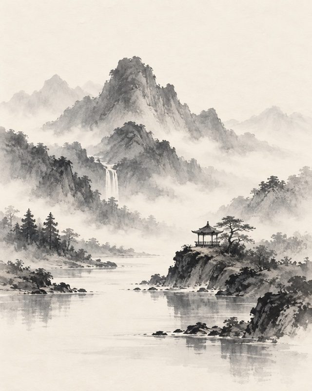 Example of the Ink wash landscape look: misty mountains, a pavilion and a still river in grey ink wash