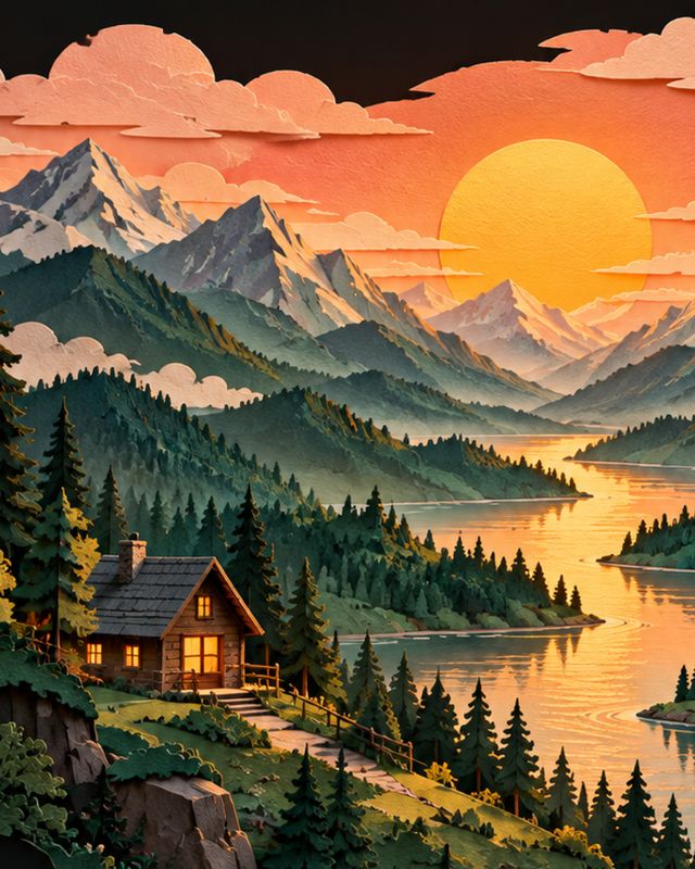 Example of the Retro travel poster look: a lakeside cabin, mountains and a setting sun in flat, layered color
