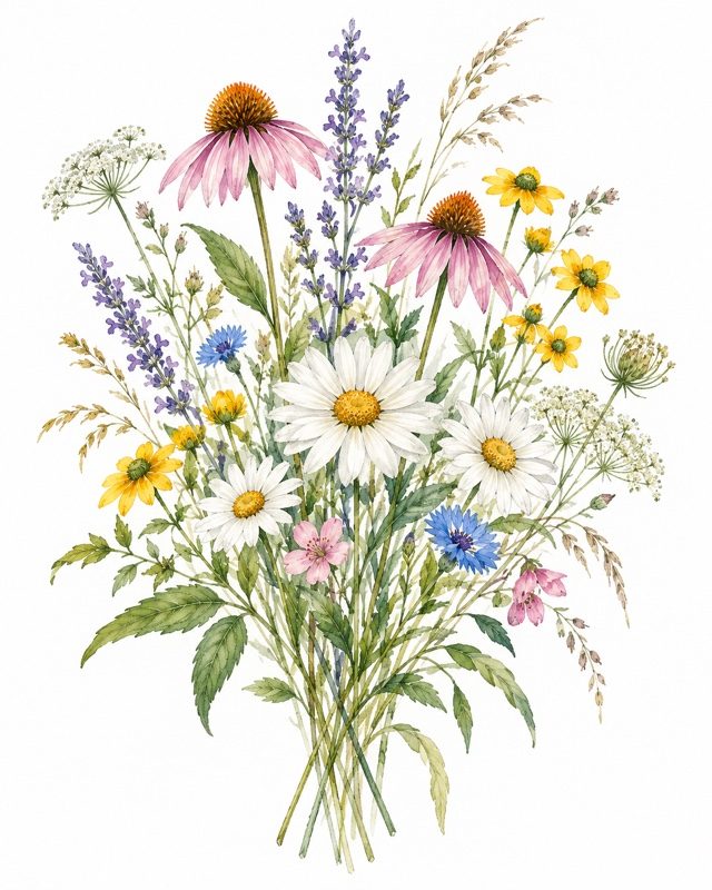 Example of the Watercolor botanical look: a bouquet of wildflowers and lavender in watercolor on white paper