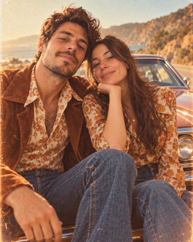 Example of the Retro film couple look: the couple in 1970s clothes beside a vintage car on a coast road, in warm, faded film color