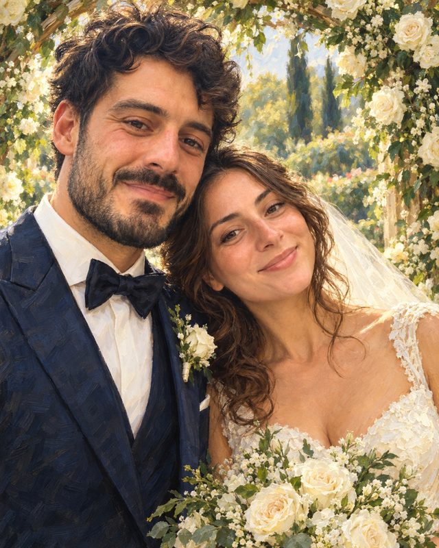 Example of the Painted wedding portrait look: the couple as bride and groom under an arch of white roses, painted in oils
