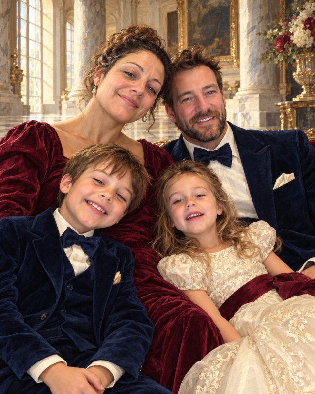 Example of the Classical family portrait look: the family of four in velvet and silk in a marble hall, painted in oils