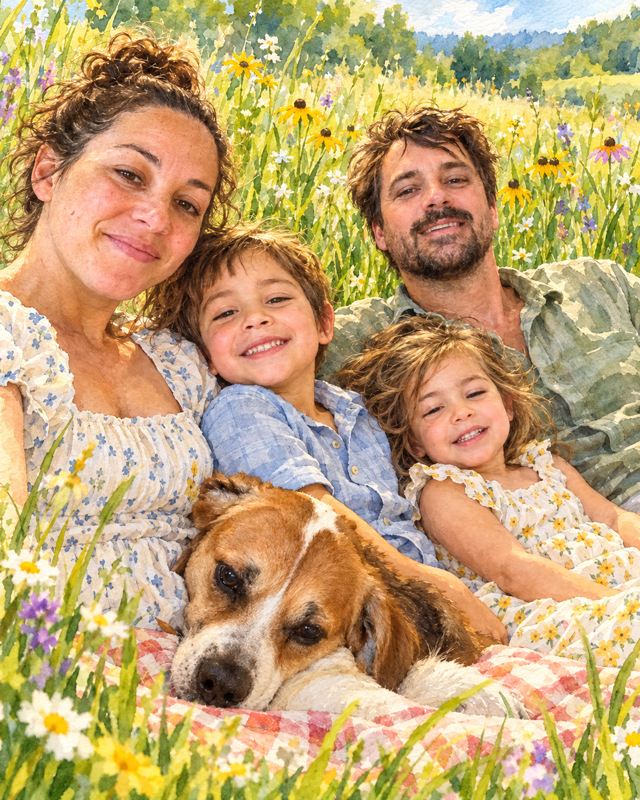 Example of the Picnic watercolor look: the family of four and their dog on a picnic blanket in a wildflower meadow, in watercolor