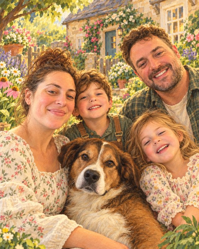 Example of the Storybook family look: the family of four and their dog outside a cottage covered in flowers, painted like a picture book