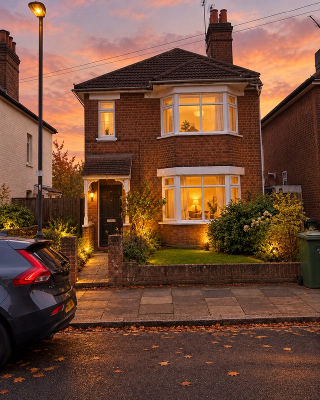 Example of the Golden hour with a blooming garden look: the red-brick house with glowing windows and lit flower beds at sunset