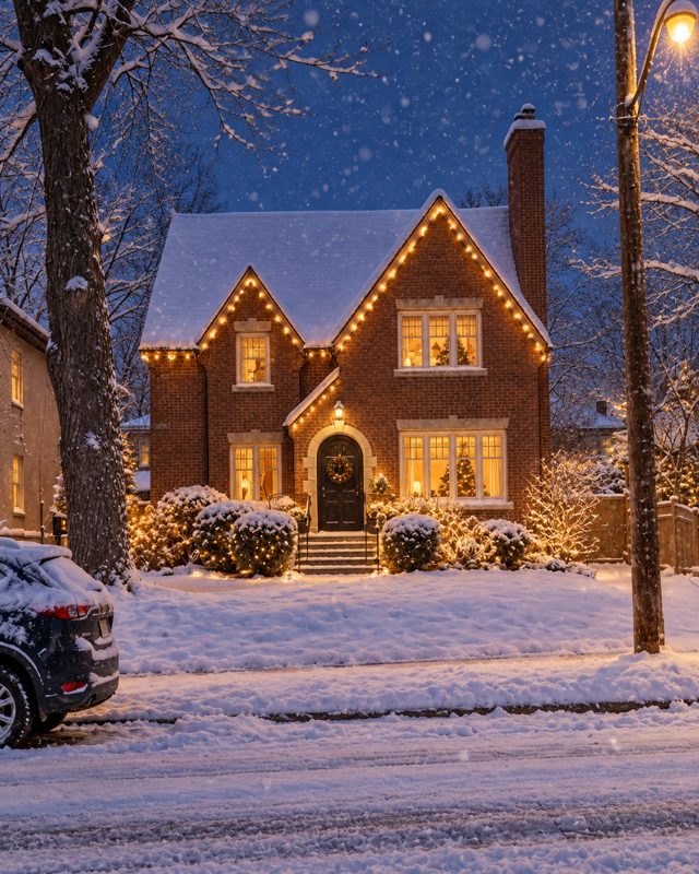 Example of the Snowy holiday night look: the brick house outlined in warm lights in falling snow at night