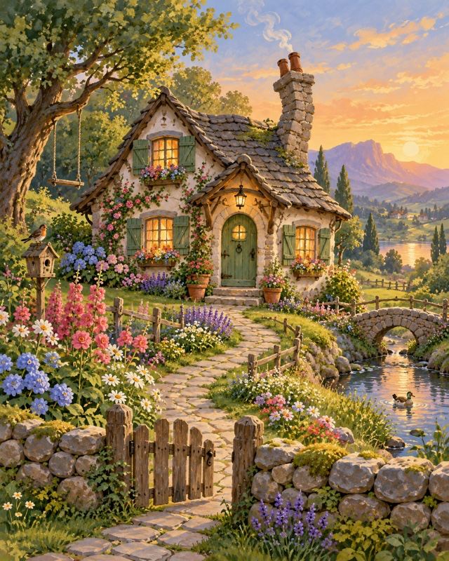 Example of the Storybook cottage look: a stone cottage with a garden, a brook and a little bridge at sunset, like a storybook