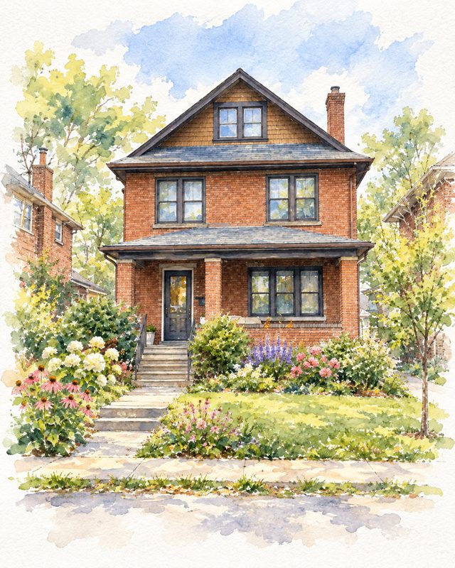 Example of the Watercolor house portrait look: the brick house with its porch among flowering shrubs, painted in watercolor