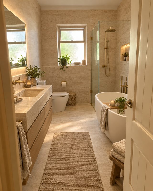Example of the Spa bathroom look: the same bathroom in warm stone, with a freestanding tub, a long wooden vanity and plants