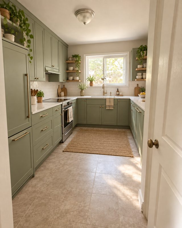 Example of the Kitchen refresh look: the kitchen with sage-green cabinets, open shelves and a jute runner
