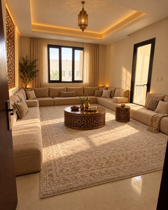 Example of the Modern majlis look: the room as a modern majlis with low cream sofas around a carved round table, a lantern and a carved screen