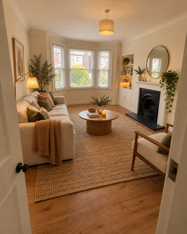 Example of the Scandinavian living room look: the room with a cream sofa, a wooden coffee table, a jute rug and warm lamps