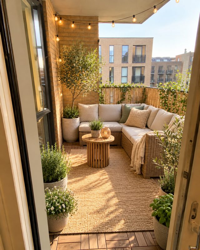 Example of the Terrace garden look: the balcony with an outdoor sofa, olive trees, potted herbs and string lights
