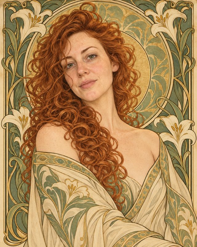Example of the Art Nouveau poster look: a freckled woman with long red curls framed by lilies and gold arches, drawn as a poster