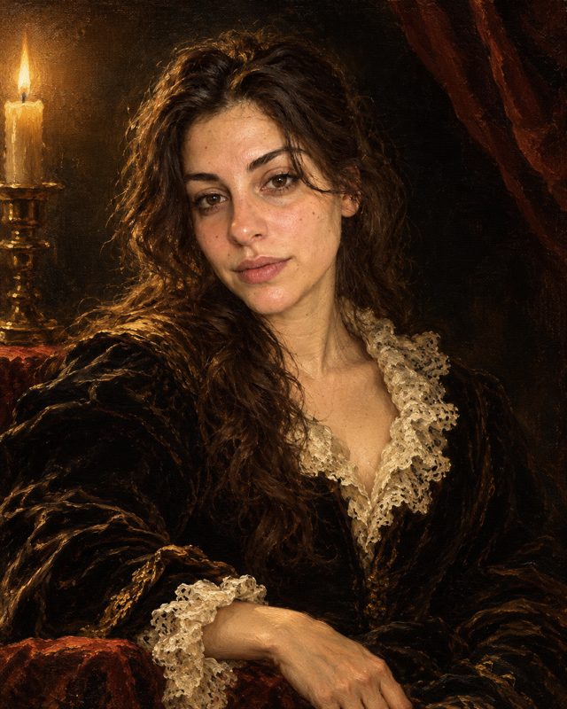 Example of the Baroque chiaroscuro look: a woman with long dark hair in a black velvet gown with lace cuffs, lit by a single candle