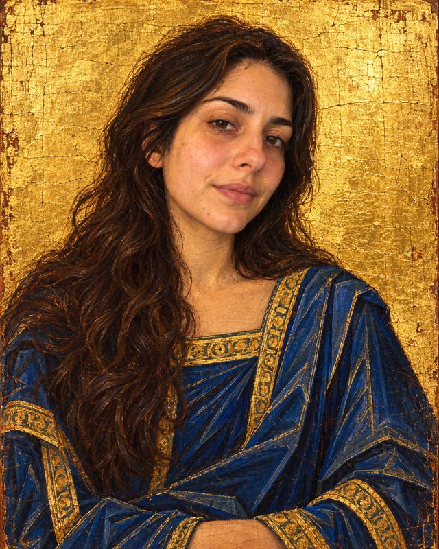 Example of the Gold-leaf panel portrait look: a woman with long dark hair in a blue robe with gold borders, painted on cracked gold leaf