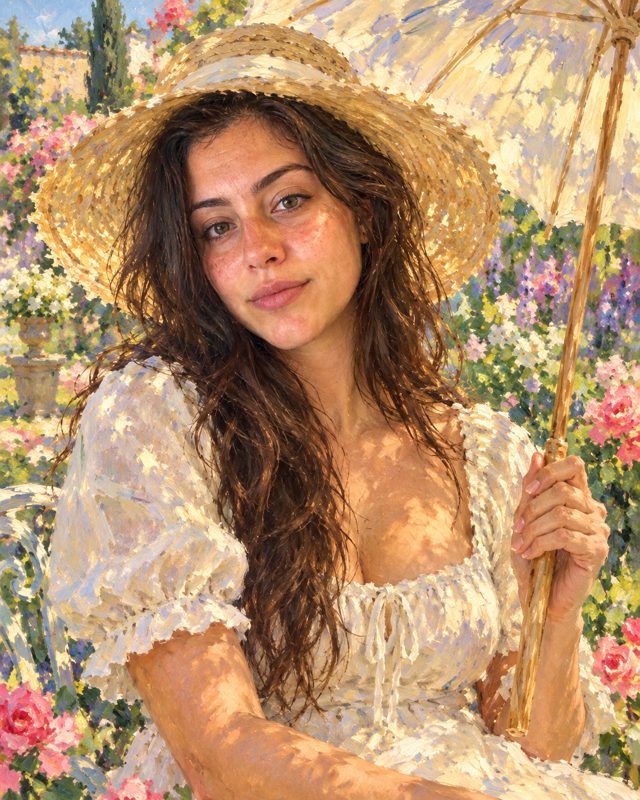 Example of the Impressionist garden look: a woman in a straw hat and white dress holding a parasol in a flower garden, in loose brushstrokes