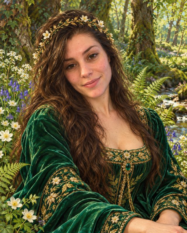 Example of the Medieval romance portrait look: a woman with a flower crown in a green velvet gown in a woodland with ferns and a stream