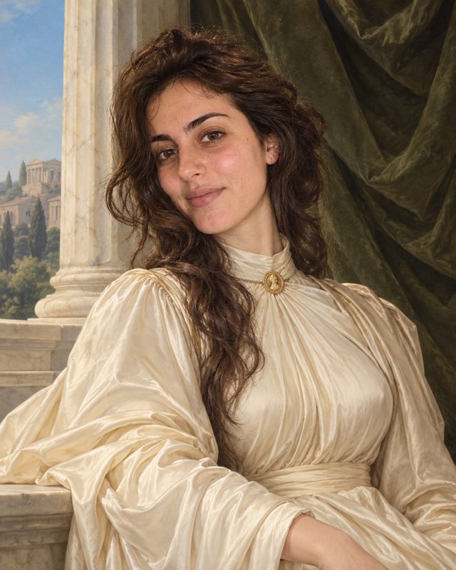 Example of the Neoclassical portrait look: a woman in a cream silk gown beside a marble column, with a classical temple behind