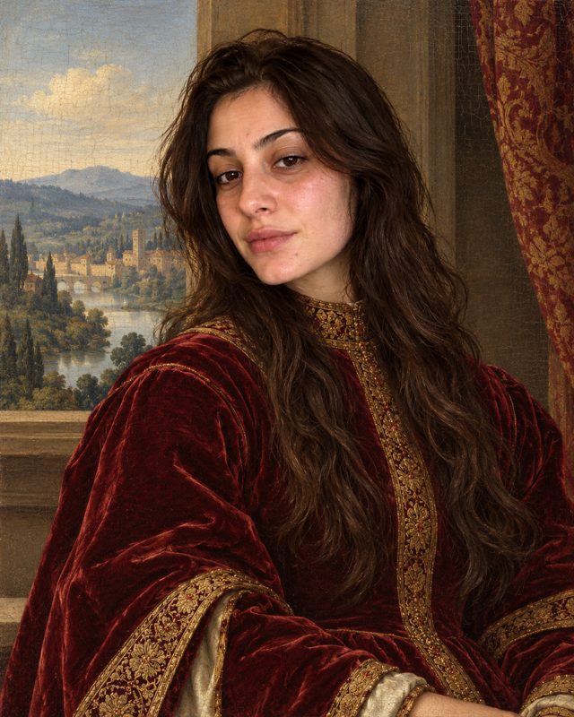 Example of the Renaissance panel portrait look: a woman with long dark hair in a red velvet robe before a river landscape, painted on a wooden panel