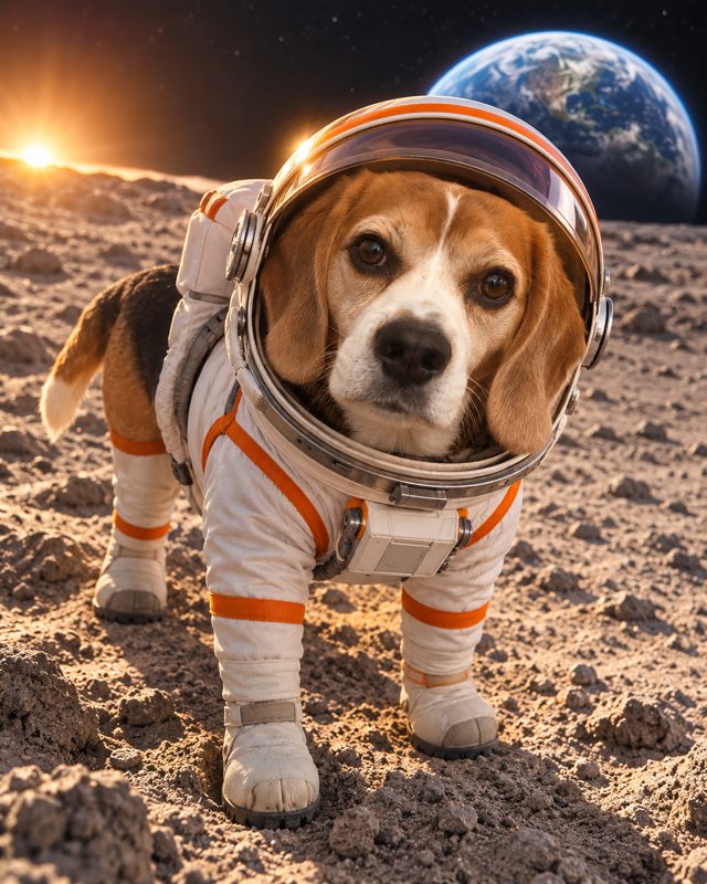 Example of the Pet astronaut look: a beagle in a white and orange space suit and glass helmet on the Moon, with Earth behind