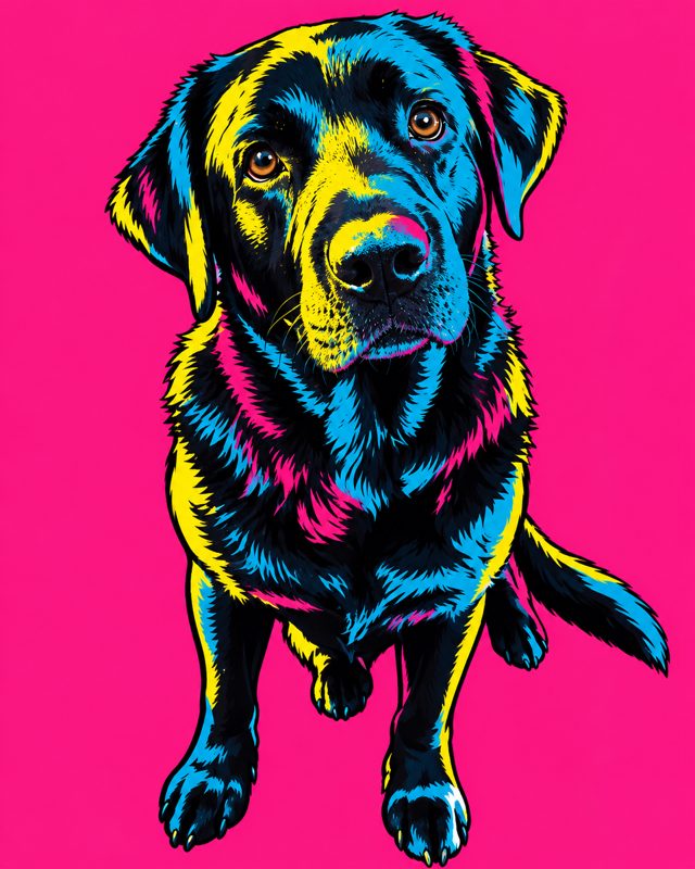 Example of the Pop-art color blocks look: a black Labrador drawn in bold blue, yellow and pink on a hot-pink background