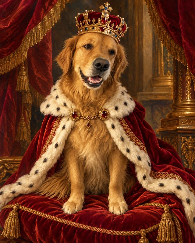 Example of the Royal pet portrait look: a golden retriever in a jewelled crown and an ermine-trimmed red velvet robe, seated on a tasselled cushion