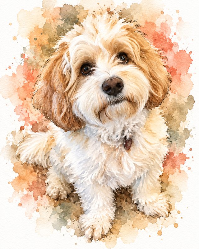 Example of the Pet watercolor look: a fluffy cream-and-apricot dog painted in loose watercolor with peach and sage splashes