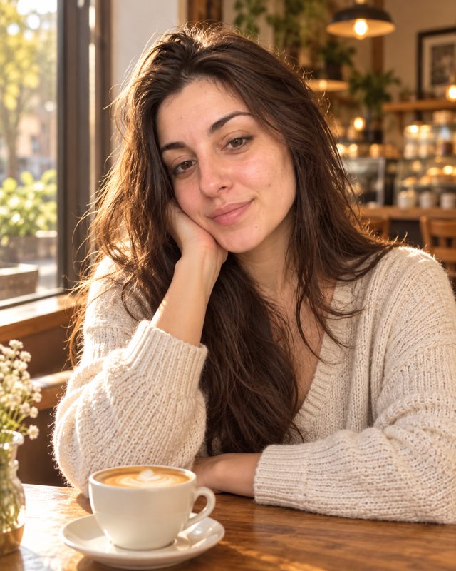 Example of the Cozy café look: a woman in a cream cardigan, cheek on her hand, at a café table with a cappuccino