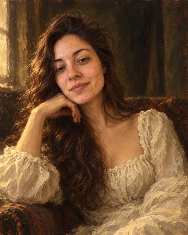 Example of the Painterly oil portrait look: a woman with long dark hair in a cream blouse, chin on her hand, painted in thick oil strokes