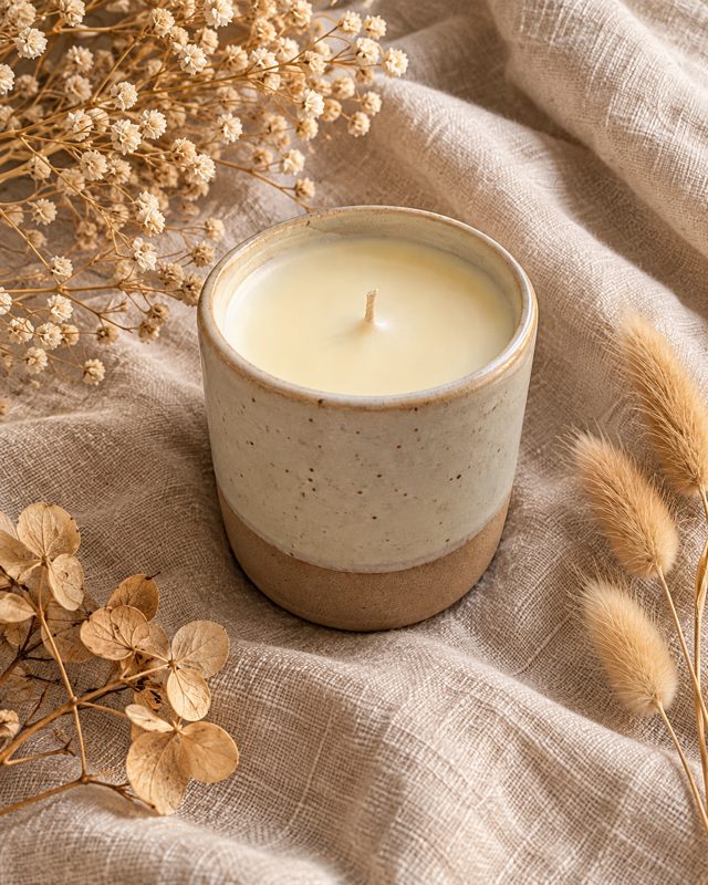 Example of the Styled flat lay look: a stoneware candle on linen among dried flowers and grasses