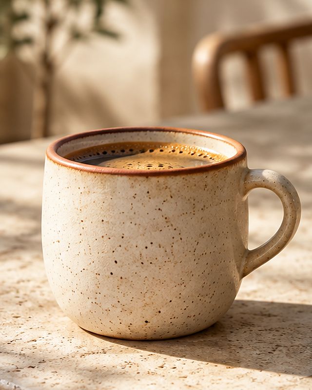 Example of the Hard-shadow sunlight look: a speckled ceramic mug of coffee in hard sunlight and leaf shadows