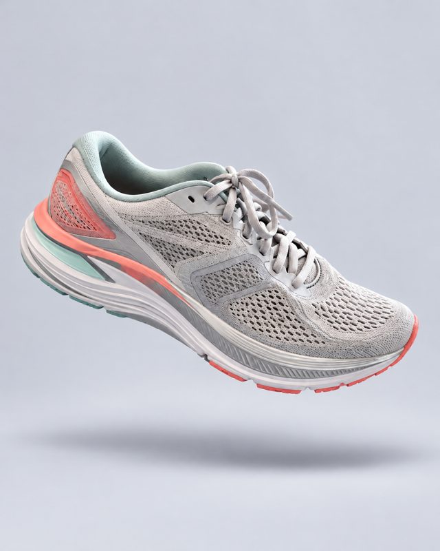 Example of the Levitating product look: a grey running shoe with coral accents floating above its shadow on pale grey