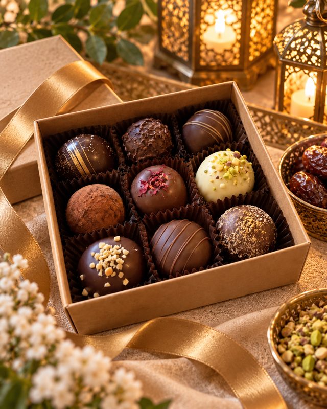 Example of the Seasonal gift look: a box of chocolate truffles with gold ribbon, dates and lit lanterns