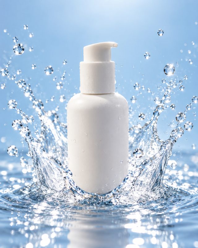 Example of the Water splash look: a white pump bottle in a crown of splashing water against a blue sky