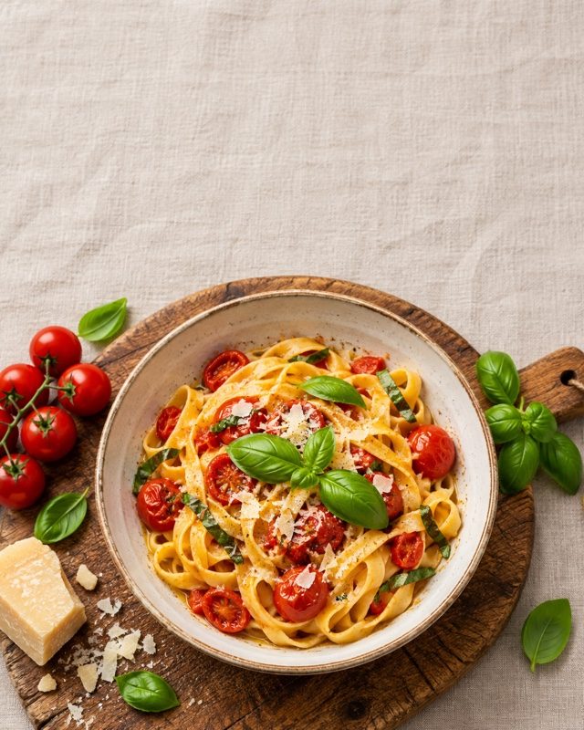 Example of the Recipe card look: a bowl of pasta with cherry tomatoes and basil on linen, with open space above