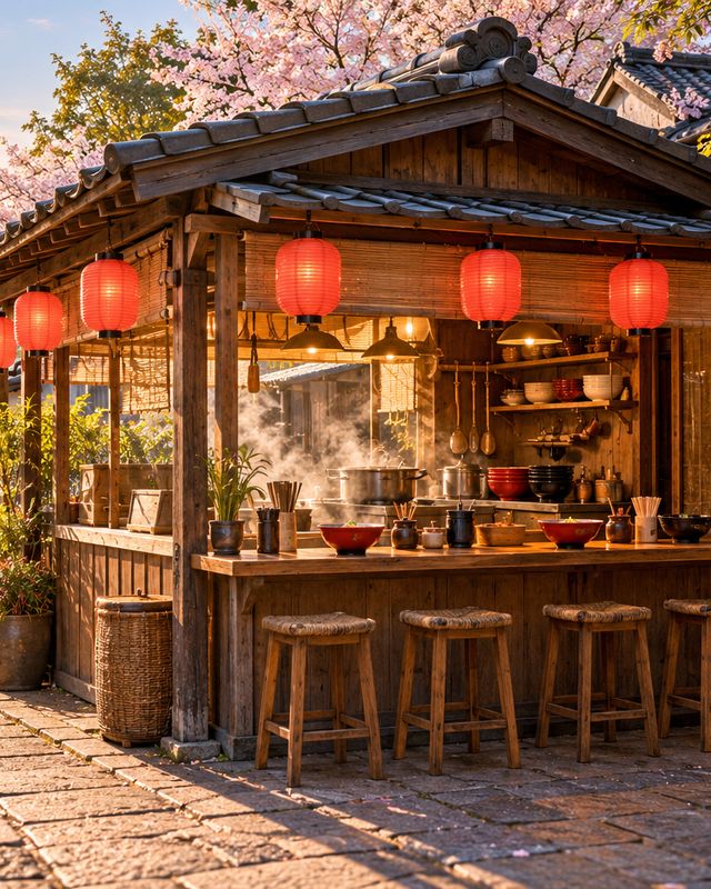 Example of the Travel mood look: a wooden food stall hung with red lanterns under cherry blossoms
