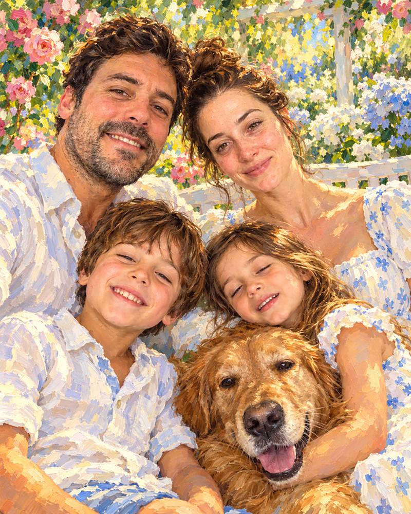 The same family in the Impressionist family garden look: parents, two children and their golden retriever in a flowering garden, in loose brushstrokes