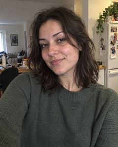 Example phone photo: a selfie of a woman in a green sweater in her kitchen